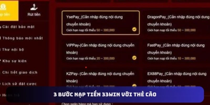 3 bước nạp tiền 33Win với thẻ cào